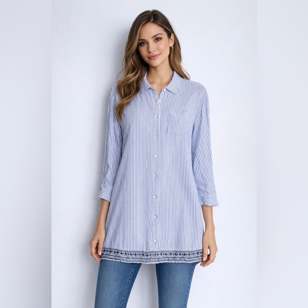 Striped Button-Up Tunic Dress in Blue and White